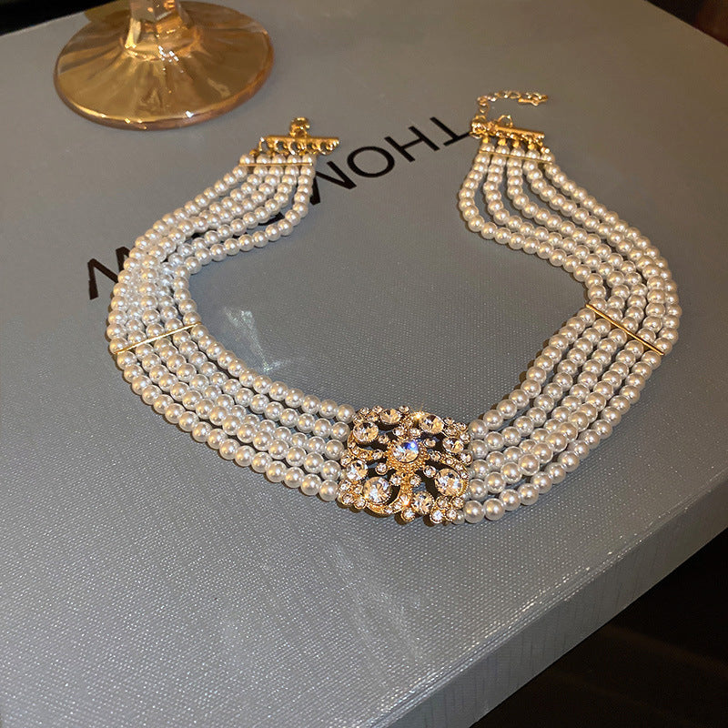 South Korea Diamond Studded Hollow Pearl Multi-layer Necklace Temperament