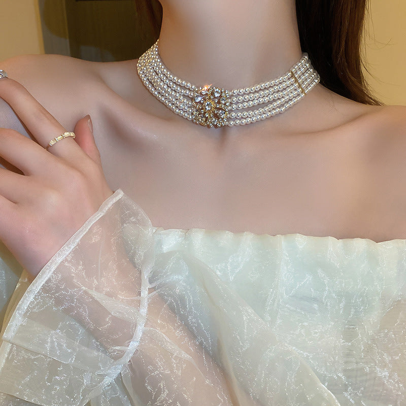 South Korea Diamond Studded Hollow Pearl Multi-layer Necklace Temperament