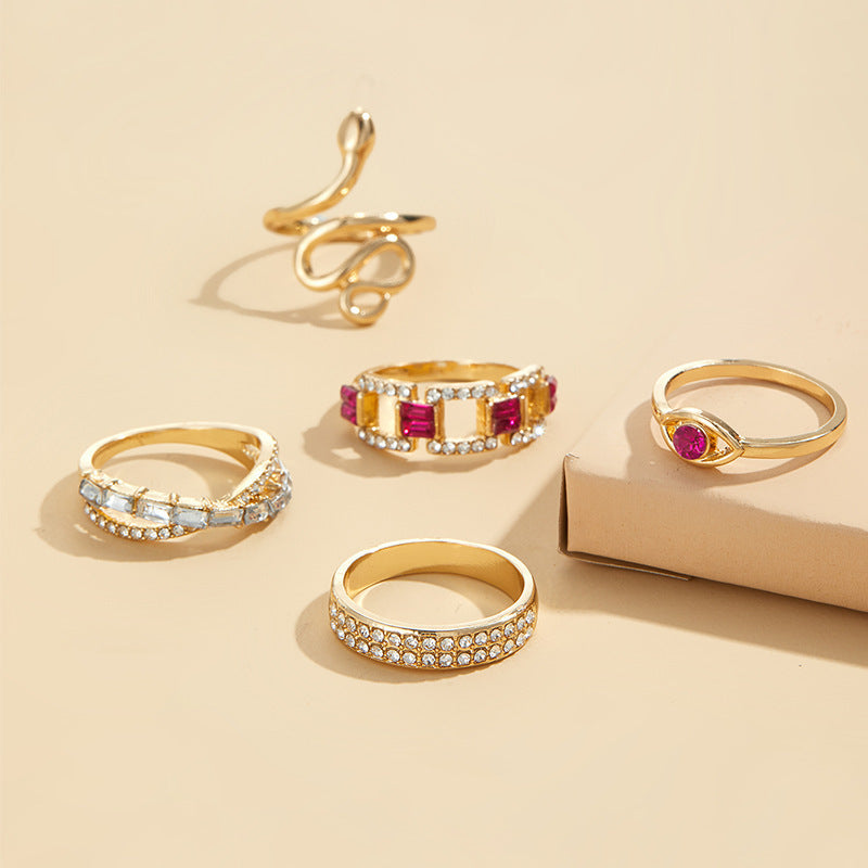 Alloy Diamond Snake Ring Suit 5-piece Set Niche Stacked Ring Women