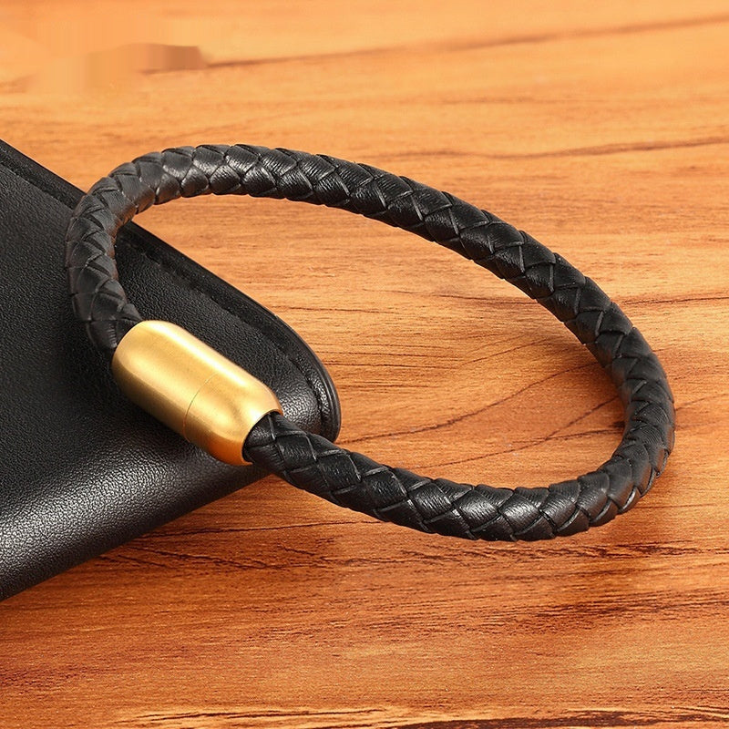 Men's Stainless Steel Genuine Leather Rope Braided Bracelet