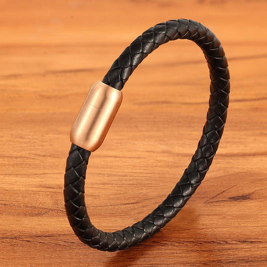 Men's Stainless Steel Genuine Leather Rope Braided Bracelet