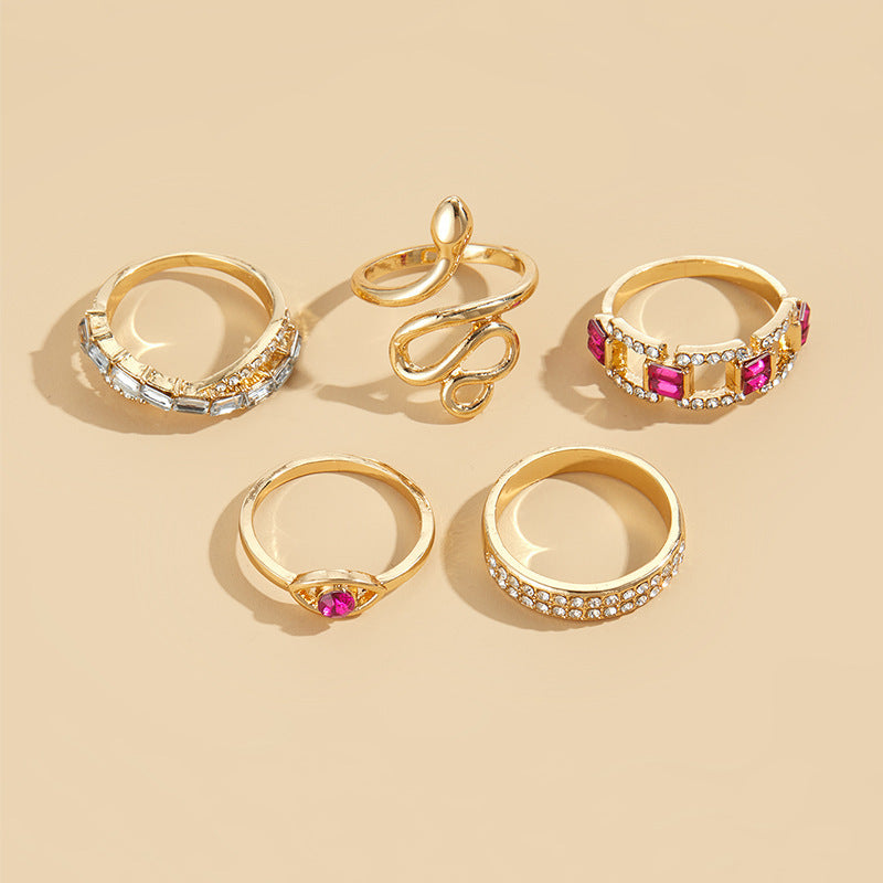 Alloy Diamond Snake Ring Suit 5-piece Set Niche Stacked Ring Women