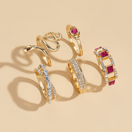 Alloy Diamond Snake Ring Suit 5-piece Set Niche Stacked Ring Women