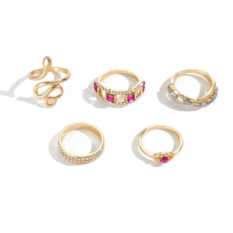 Alloy Diamond Snake Ring Suit 5-piece Set Niche Stacked Ring Women