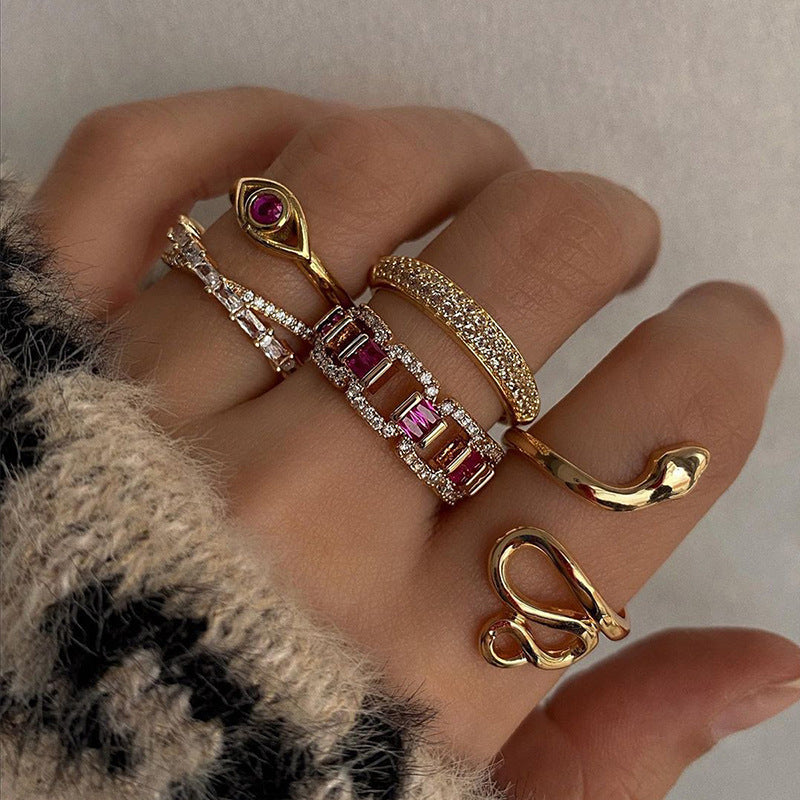 Alloy Diamond Snake Ring Suit 5-piece Set Niche Stacked Ring Women