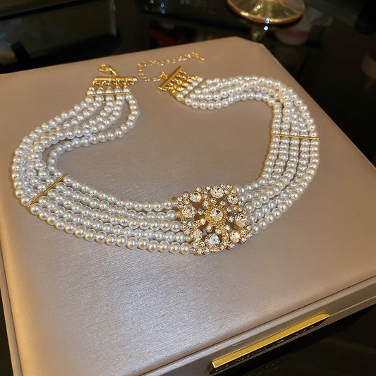 South Korea Diamond Studded Hollow Pearl Multi-layer Necklace Temperament