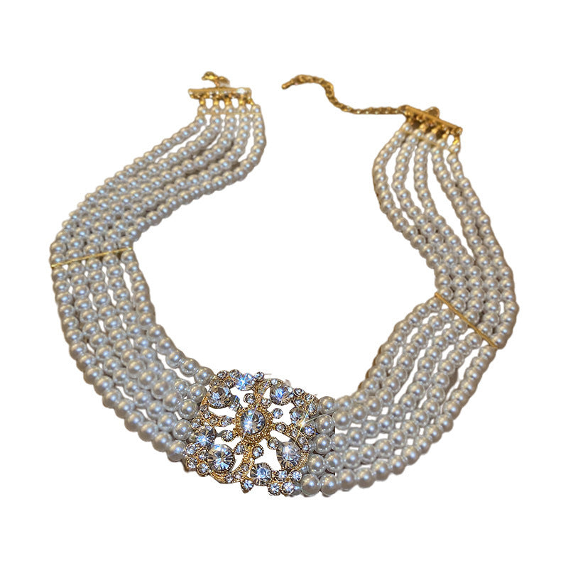 South Korea Diamond Studded Hollow Pearl Multi-layer Necklace Temperament