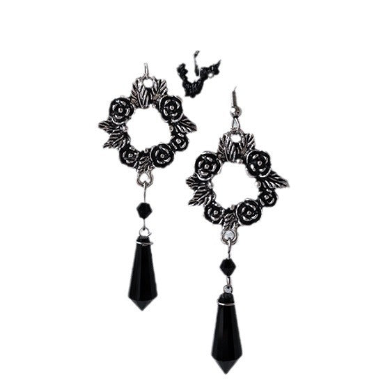 Gothic Rose Black Crystal Pendant Earrings Retro Fashion