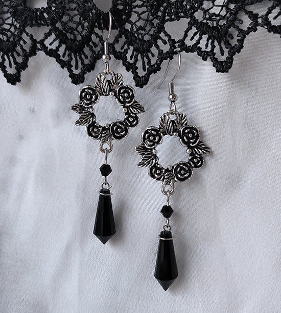 Gothic Rose Black Crystal Pendant Earrings Retro Fashion